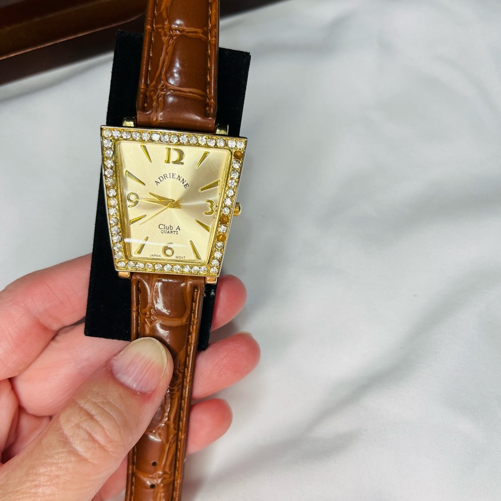 Brown Croc Embossed Leather & Gold Tone Crystal Bezel Adrienne Club A Watch
